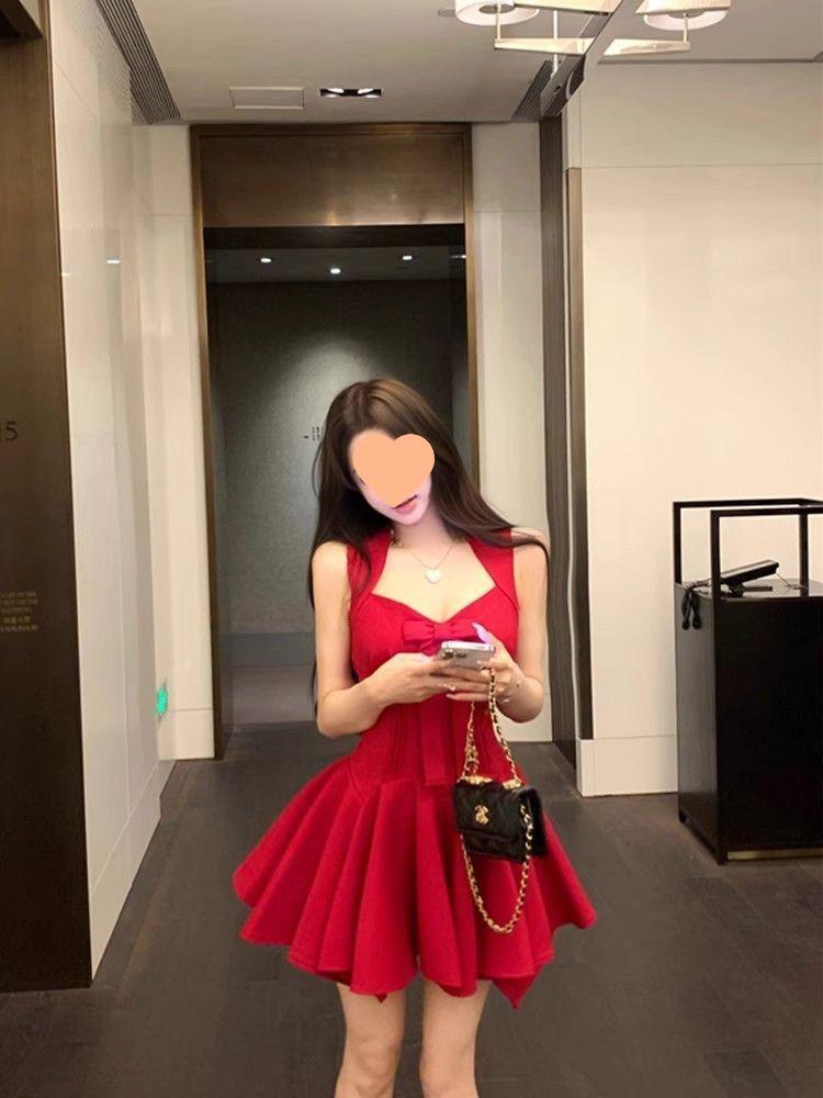Elegant French Rose Bow Knot Dress - Slimming Waist, Summer Short Skirt for Special Occasions