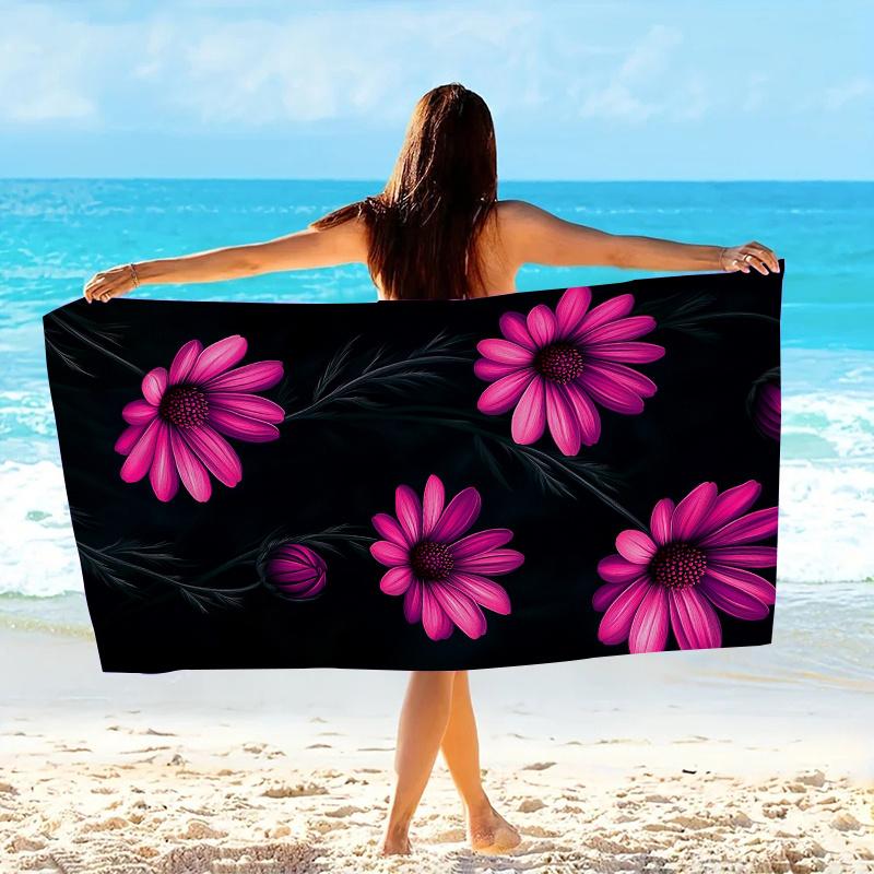 1pc Floral Beach Towel Pink Daisy Pattern Bath Towels Soft Microfiber Fabric Unisex Oversized Towel for Swimming Travel Camping