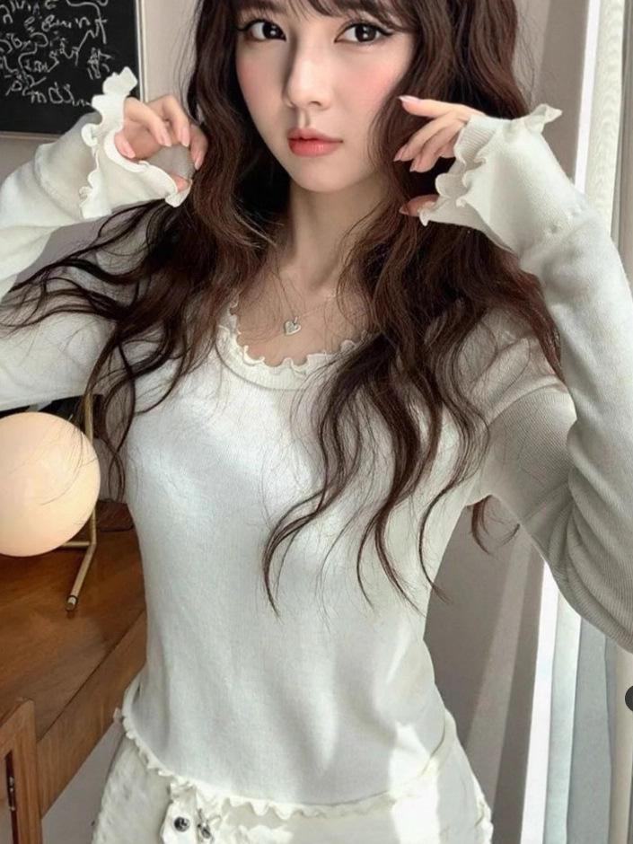 Thermolite Women's Korean Ruffled Long Sleeve Round Neck Slim Fit Base Layer Top (Autumn Trendy)