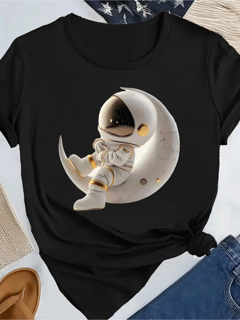 Crescent Stars Astronaut Round Casual Summer Women's Astronaut Graphic T-Shirt Space Themed Print Casual Women Clothing