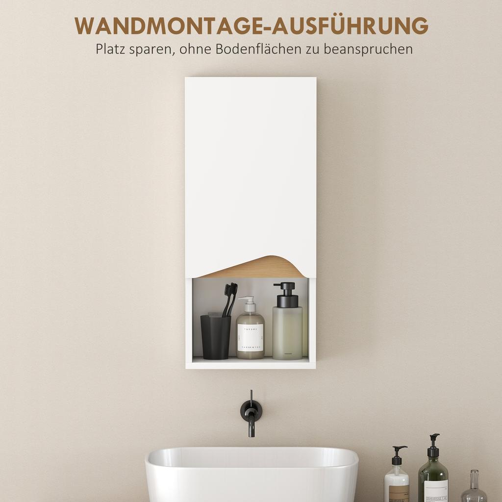 Bathroom cabinet, wall-mounted cabinet with soft-close door and open compartment, 30 x 17 x 67 cm, white