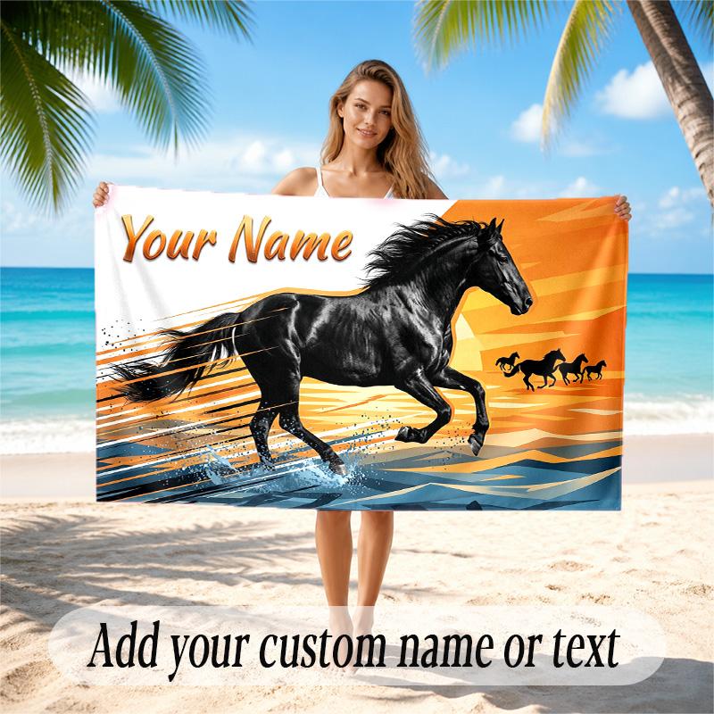 Horse Theme Quick Dry Beach Towel Custom Name Text Print Large Sand Resistant Towel Beach Vacation
