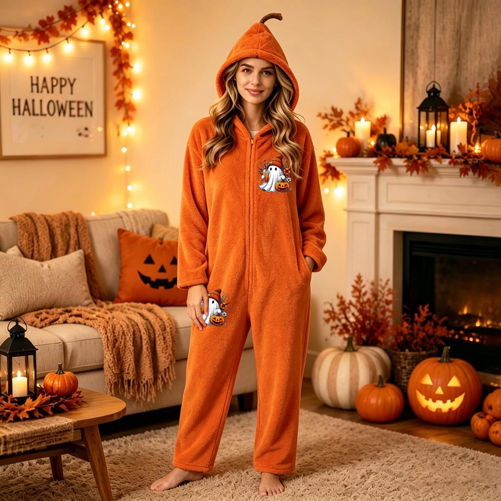 Damen Flanell-Schlafanzug-Set mit Halloween-Print für gemütliche Stunden