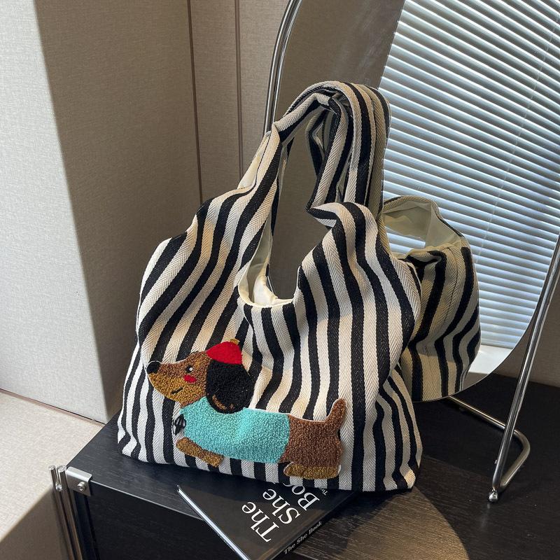

Милая сумка через плечо с вышитым мультяшным щенком, модная полосатая холщовая ручная сумка подмышкой, большая вместительная сумка для поездок на работу чёрный