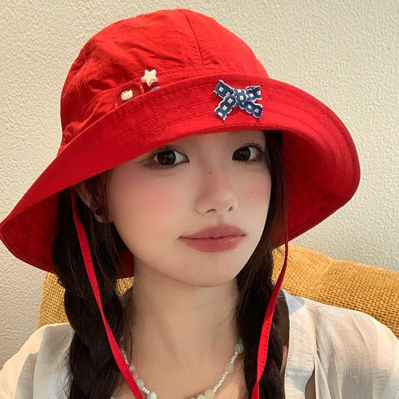 Cute red bow button quick drying bucket hat women's summer thin breathable flap hat sunshade sunscreen hat