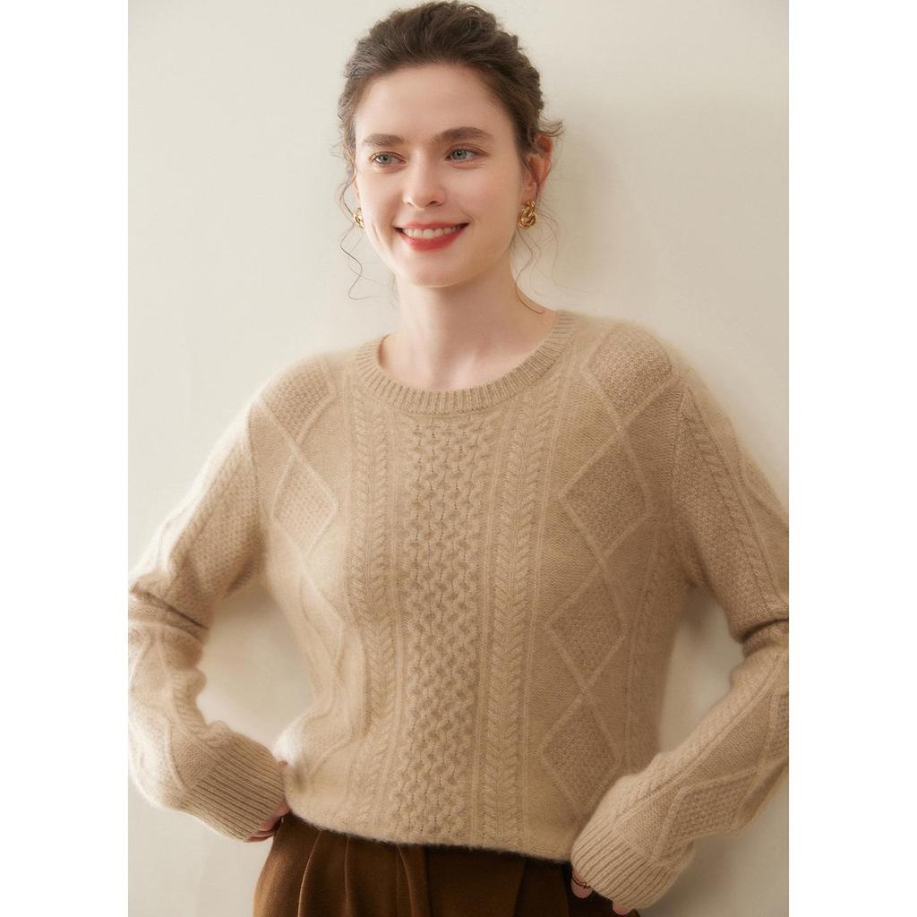 Women's Round Neck Cashmere Sweater - Thick Three-Ply Pullover for Autumn/Winter, Loose and Warm Versatile Base Layer Top.