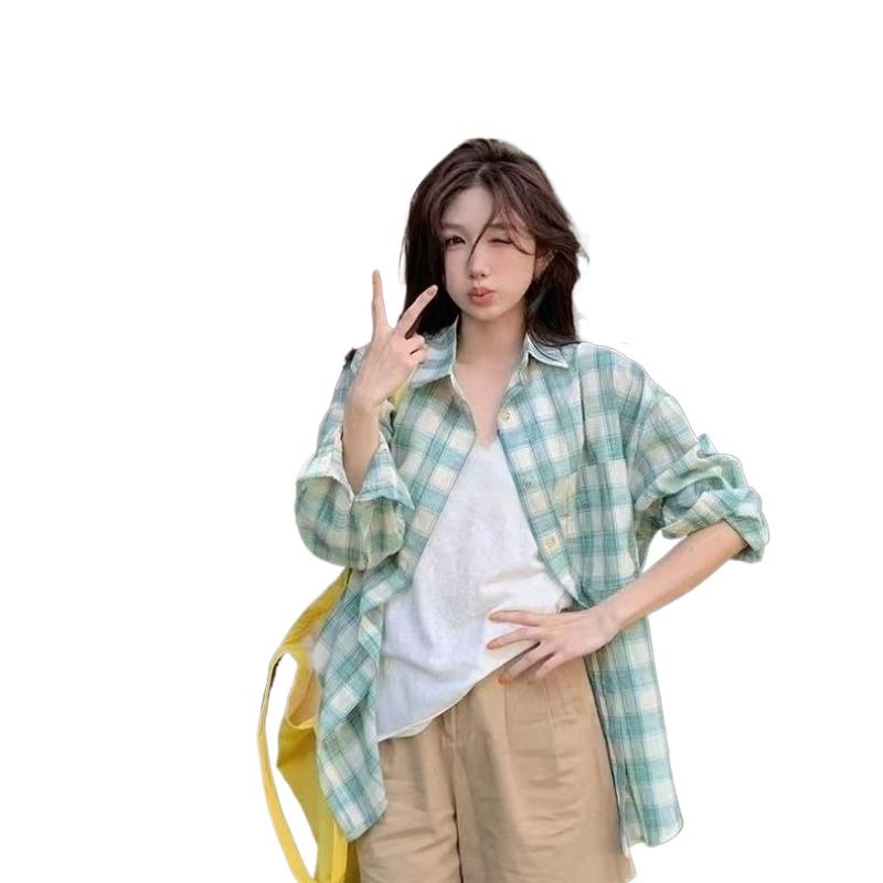 Damen Karoshemd Grün Damen Umlegekragen Langärmelige Bluse Frühling Sommer Koreanischer Stil Locker Vielseitiges Oberteil