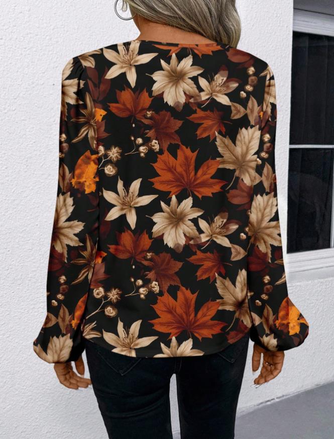 2025 European & American V-neck Long Sleeve Printed Casual Shirt for Women - Spring/Autumn