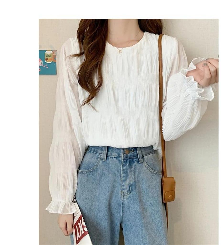 [SYitong] Shirt Blouse, Gathered Shirring Long Sleeve Chiffon Blouse, Lined, Sheer Sleeves, Lightweight Look, Frilled Shirt, Slimming Effect, Figure-F