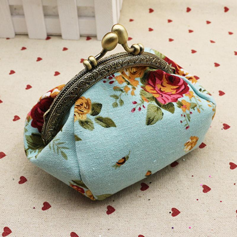 Women's vintage rose print canvas coin purse, kiss lock clip fabric purse card bag storage bag