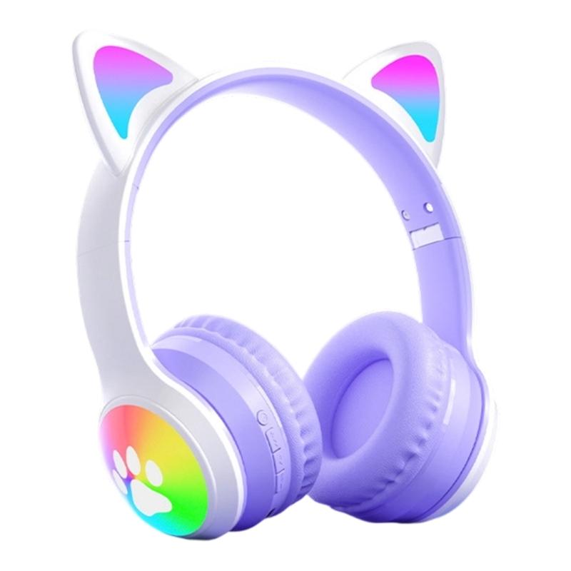 Active Noise Cancelling Wireless Bluetooth-compatible Cats  Ear Headphones Led Foldable Earphones TF Card Support