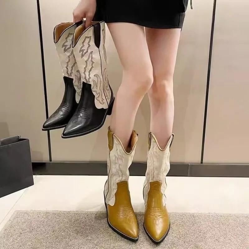 Fashion Retro Pointed Toe Women's Boots Block Heel 2025 Summer New Embroidered Mid-leg Boots