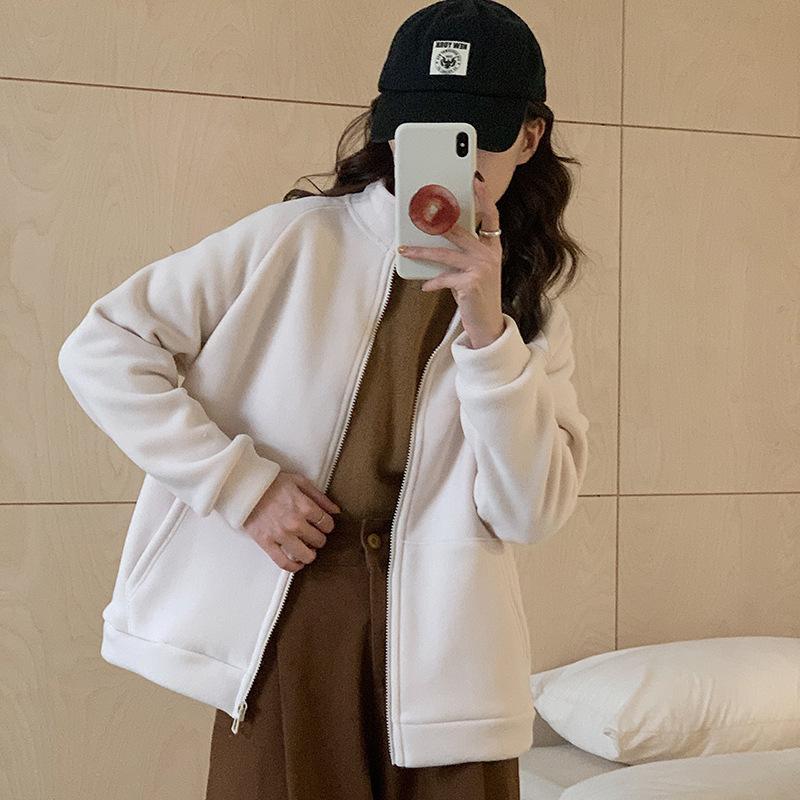 Herbst und Winter Verdickte Samt Thermojacke Damen Reißverschluss Strickjacke Polar Fleece Stehkragenschutz Koreanische Version Lässiges Oberteil