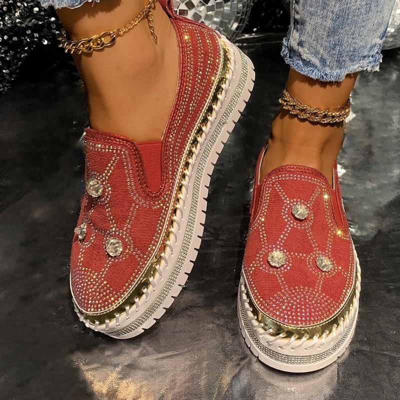 Plus Size Rhinestone Shallow Mouth Loafers Women's Spring New Round Toe Deep Mouth Slip-on Platform Slip-ons