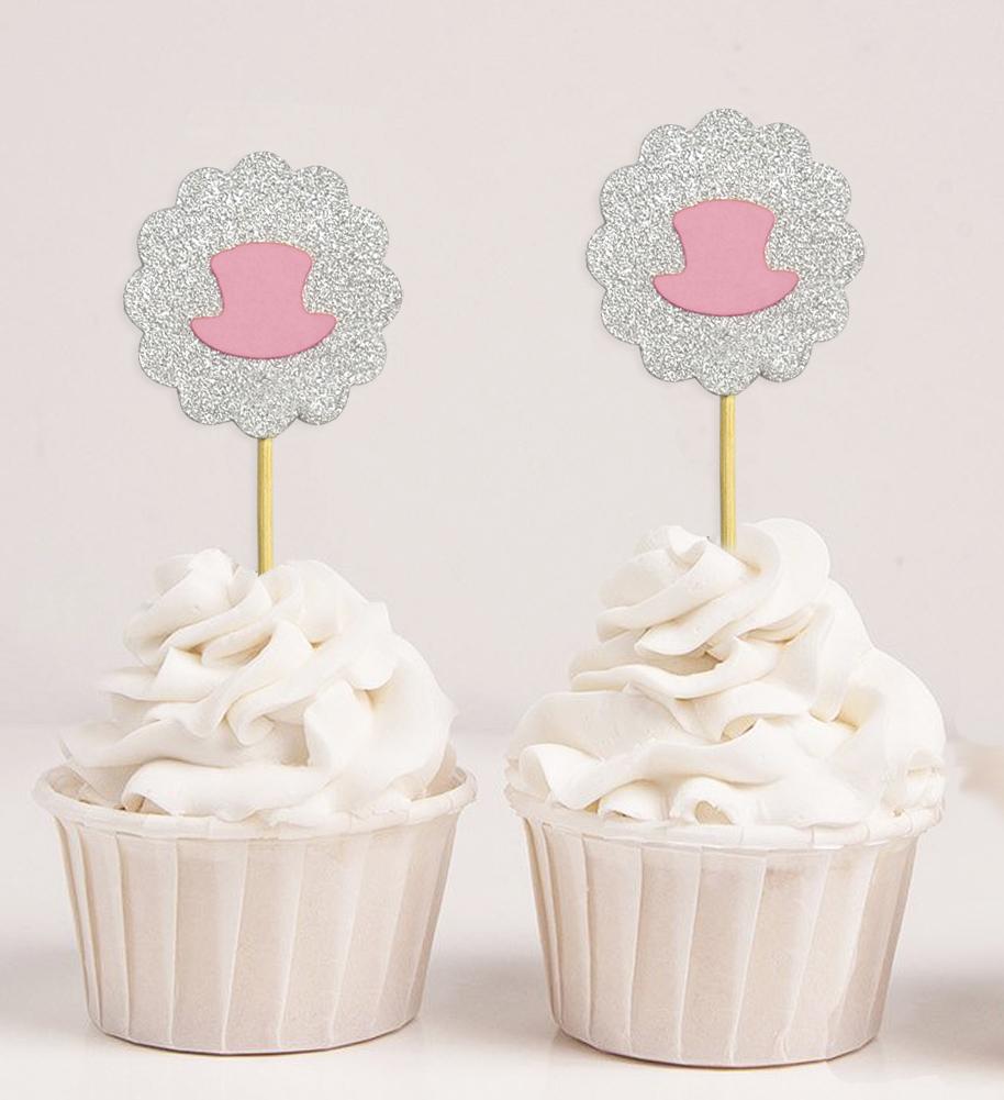 Darling Souvenir | Toppers de cupcake em forma de chapéu com glitter | Decorações de sobremesa para festa de chá de bebê e casamento - Pacote de