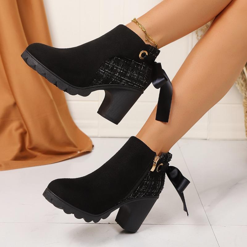 Spring Fall New Ribbon Bow Heel Shoes Women Block Heel Boots Women Round Toe Side Zipper Paneled Booties