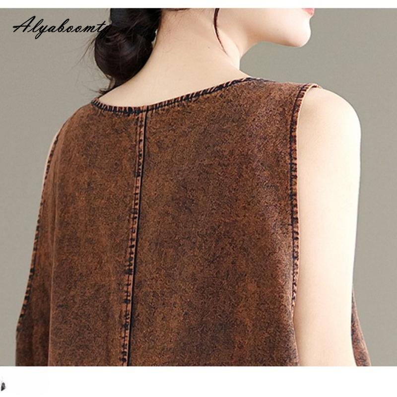 Korean Style Plus Size Spring Summer Women Sundress V Neck Brown Denim Sleeveless Tank Dress Vintage Casual Loose Basic Ladies' Midi Dress