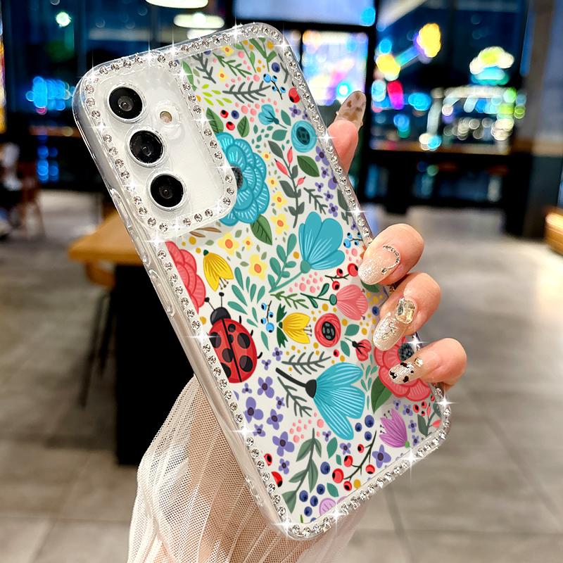Ladybug Flowers Print Phone Case For Samsung Galaxy A55 A56 A54 A36 A15 A26 A16 S25 Edge S24 S22 Ultra S23 FE Diamond TPU Cover