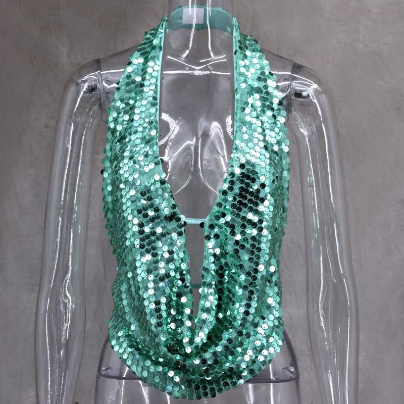 Été Décolleté en V Profond Pailleté Bretelles Halter Sexy Halter Style Vacances Gilet