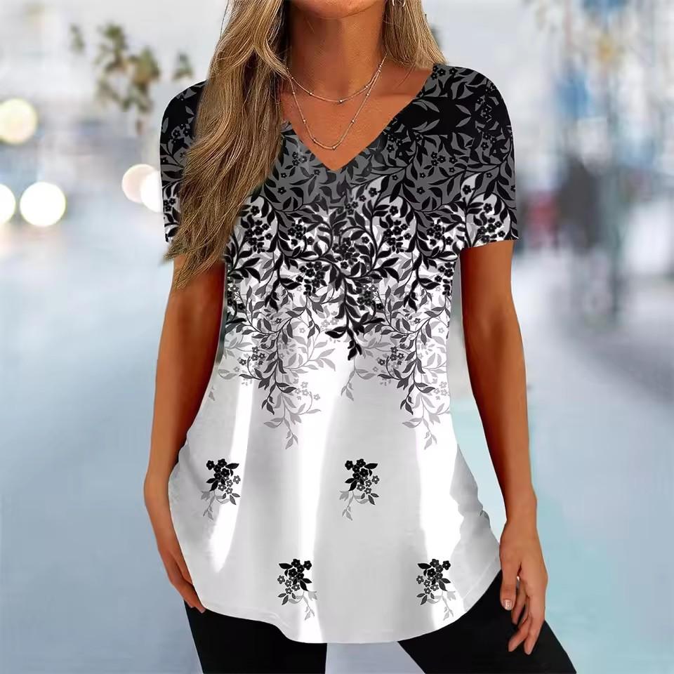 Vintage V-neck Women's T-shirt Summer Outdoor Casual Short Sleeve Tops Fashion Black Stripe Printing OverSize Clothing