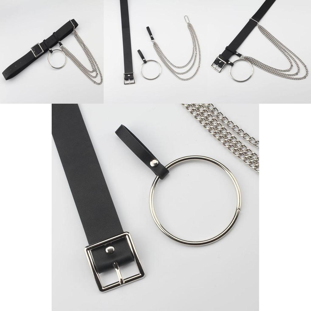 Fashionable Black Waist Belt With Circular Ring And Chain Tassel For Men And Women Fashion Accessory