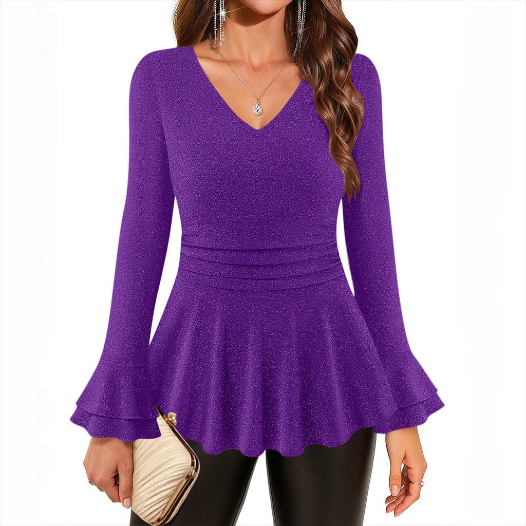 Women's Fashion Solid Color Round Neck Hem Elastic Sleeve Mid Sleeve Shirt T-shirt Top