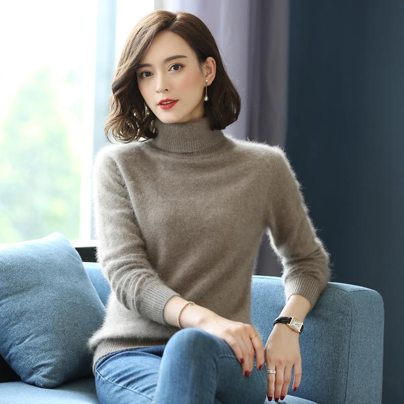 Autumn Winter Loose Solid Color High Neck Pullover Mink Cashmere Sweater Women Knitwear Pullover Thick Warm Solid Color Base High Lapel Clothing Tops