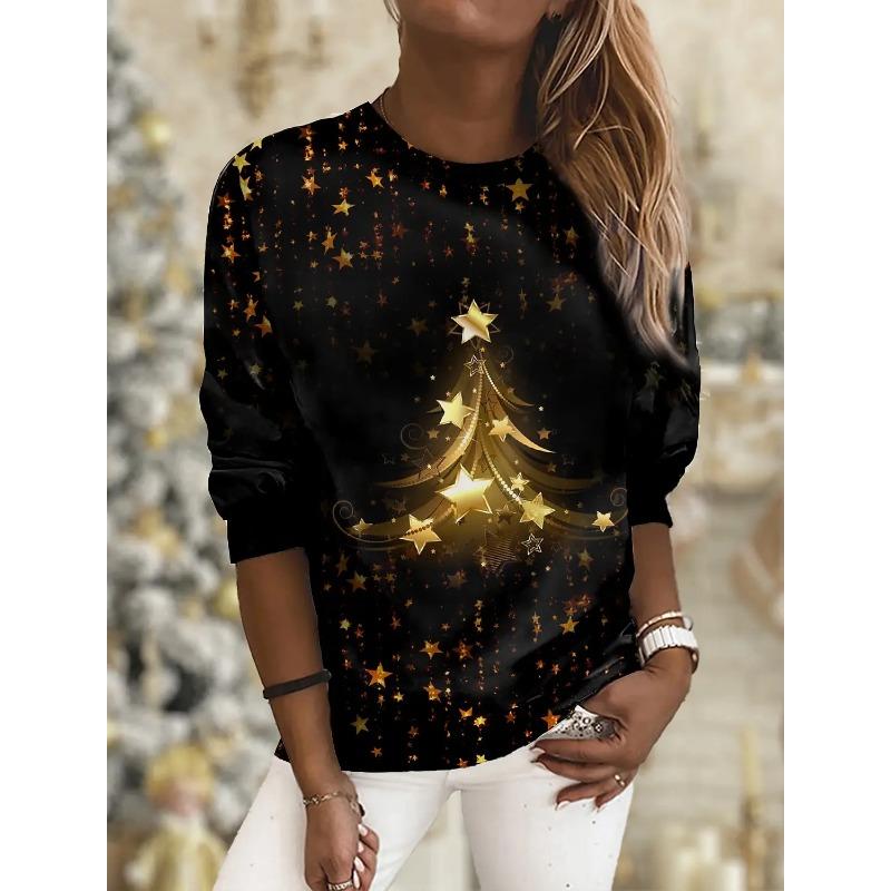 Top cu gât rotund de primăvară și toamnă, cu temă de Crăciun, imprimat 3D, tricouri de damă la modă și casual cu mâneci lungi