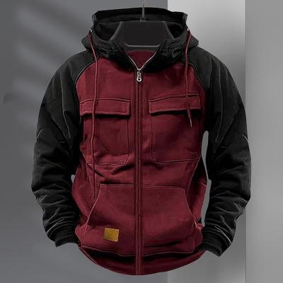 Fall Winter Men Hoodie Zipper Closure Elastic Cuff Retro Multi Pockets Cargo Style Warm Cardigan Coat Mid Length Hip Hop Contrast Color Top