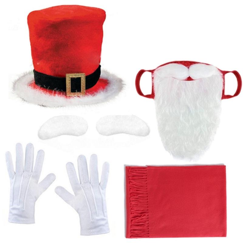 Christmas Cowman Hat Scarf Self Adhesive Eyebrows, Santa Mask with Long Beards for Women Men