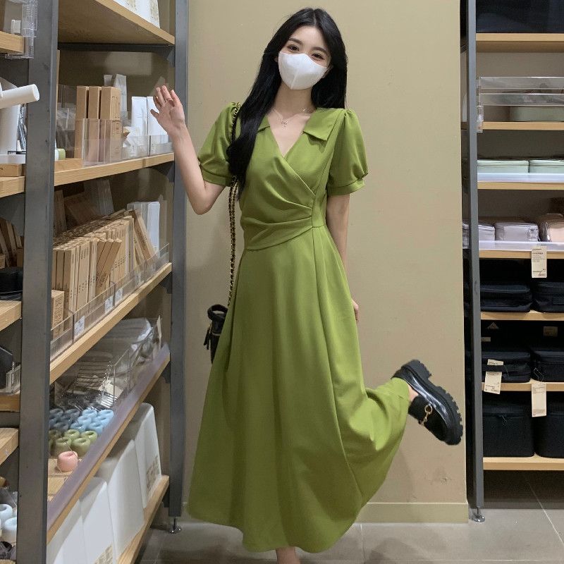 

Платье большого размера с французским V-образным вырезом, высококачественное, женское летнее, высокого класса, приталенное, стройнящее, с косой застежкой-планкой, юбка XL зелёный