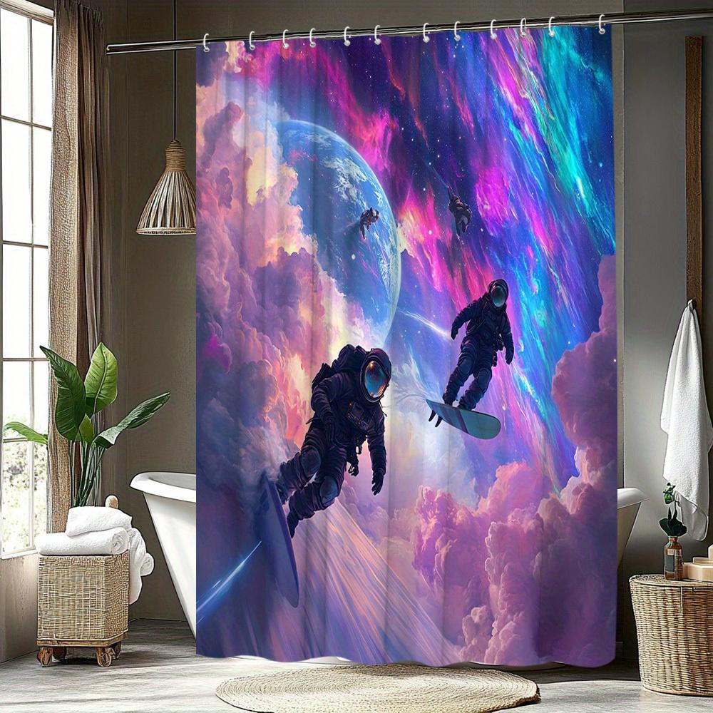 Space Surfing Astronauts Waterproof Mildew-Resistant Shower Curtain - Futuristic Design for a Cosmic Bathroom Décor Experience