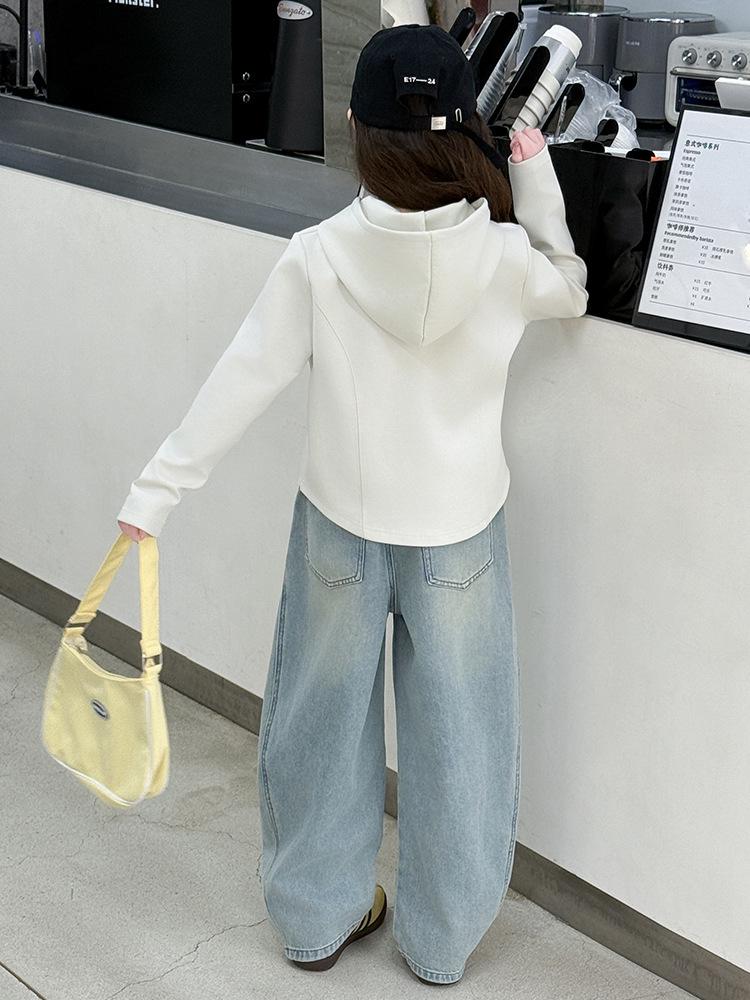 Girls' Spring & Fall Outfit Set: Zip Hoodie, Casual Base Layer, Jeans, Wide-Leg Pants