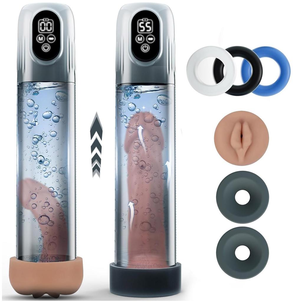 Electric Penis Pump with Mini Pocket Vagina and 3 Penis RingsAutomatic with 4 Training Pressures and 5 Suction ModesAutomatic Male Masturbator
