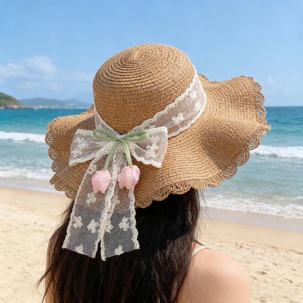 Lace straw hat women's summer bow large brim sunshade sun hat seaside vacation beach sun hat
