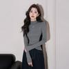 Autumn/Winter 2025 Women's Slim Fit Color Block T-Shirt with Half-High Collar and Waist-Cinched Design