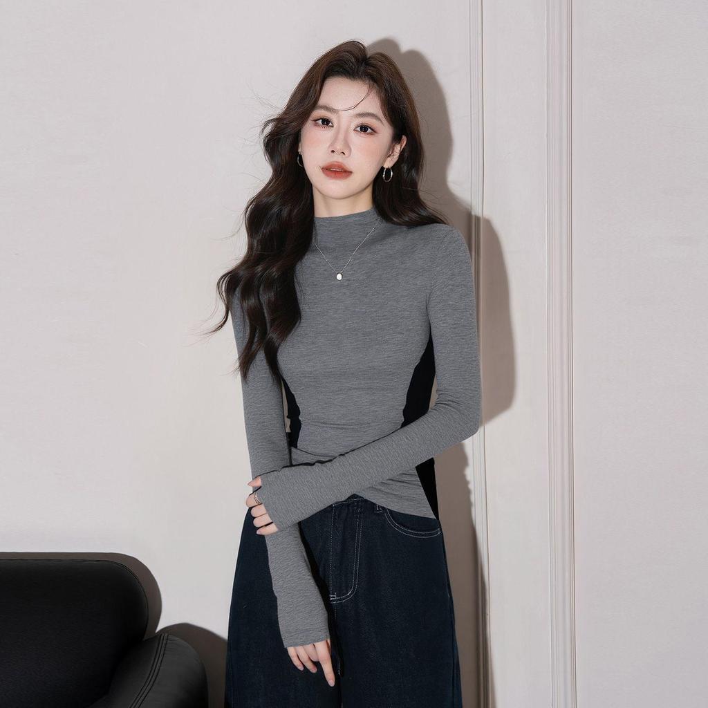 Autumn/Winter 2025 Women's Slim Fit Color Block T-Shirt with Half-High Collar and Waist-Cinched Design