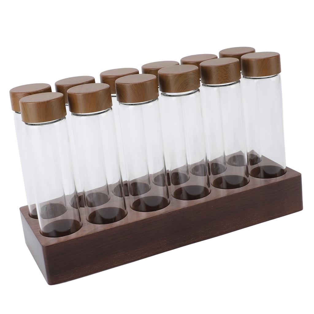 12pcs Coffee Bean Storage Tubes Glass Sealed Dosing Coffee Bean Jars with Walnut Stand Funnel for