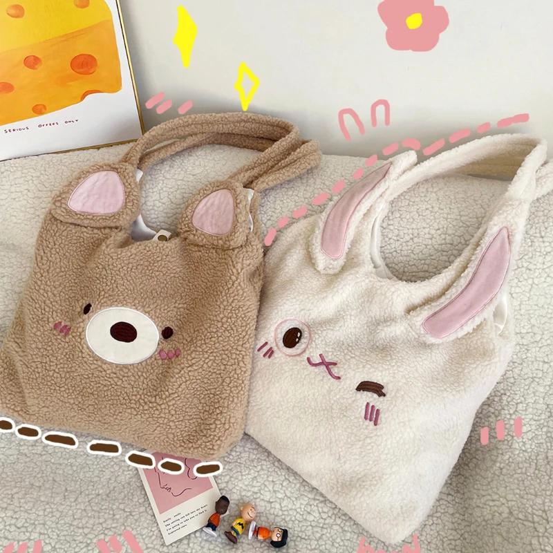 Faux Lamb Wool Women's Cartoon Shoulder Bag Soft Plush College Girls Book Tote Bags Lovely Bear Female Fluffy Shopper Handbags