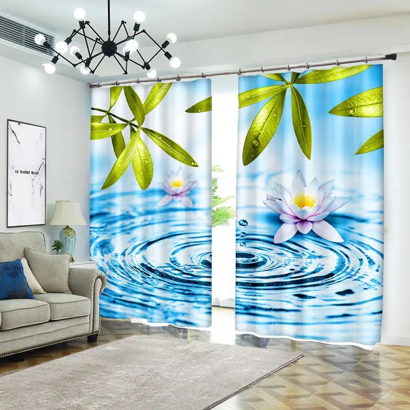 Lotus Green Lotus Flower Printed Curtain for Bedroom Living Room Floor-to-ceiling Window Kitchen Shutters Grommet Top Cortinas