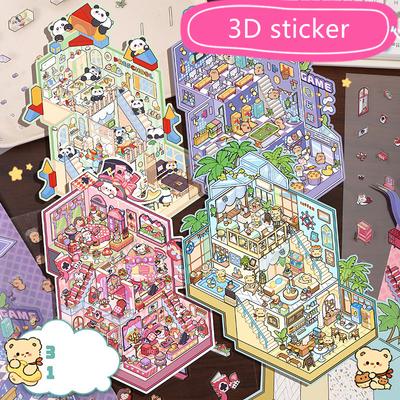 1 set di adesivi per paesaggi fai da te di grandi dimensioni, in miniatura, con dolce panda cartone animato, scena di coniglio, adesivi impilati, carini, forniture per studenti