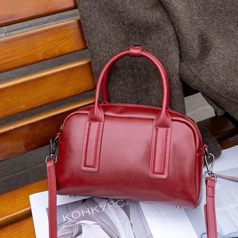 NEW Women's Chic Genuine Leather Bowling Bag Luxury Designer Handbag Soft Waxed Cowhide Ladies Crossbody shoulder Bag