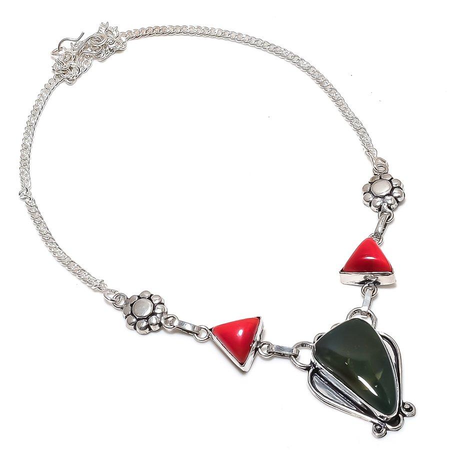 Indian Moss Agate, Coral Gemstone 925 Sterling Silver Jewelry Necklace 18"