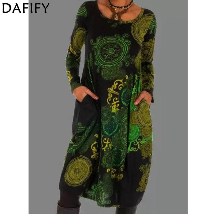 DAFIFY Women's Fashion Spring Fall Colour Block Print Long Sleeve O-Neck Loose Waistline Casual Dresses