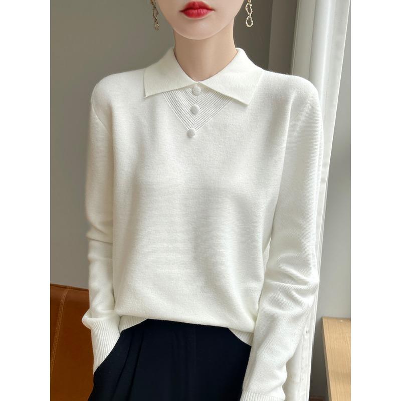 

Вязаный свитер с отложным воротником, уменьшающий возраст, женский, с длинным рукавом, свободный, для ранней осени, базовый топ-рубашка, свитер с воротником поло, украшенный пуговицами, для ношения под низ S белый