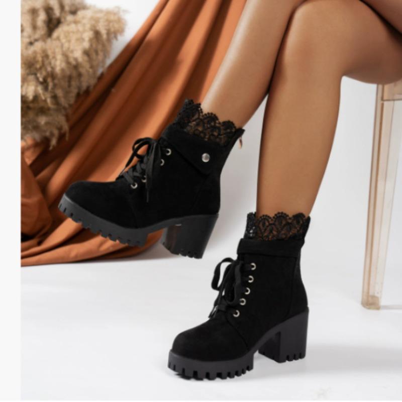 Plus-size Shoes, High-heeled, Chunk-heeled Fashion Boots, Women's Round-toe Lace-up, Back-zipped Ankle Boots
