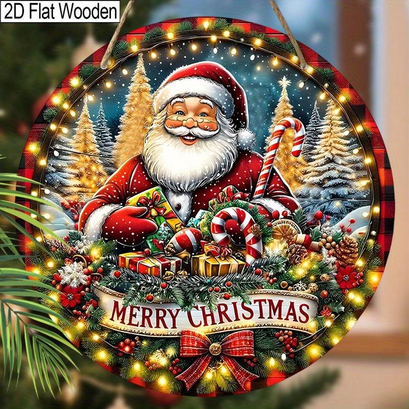 2D Flat, 1 PC Christmas Gift - Santa Holding Gift Box Round Wooden Ornament Decorative Sign & Plaque, “Merry Christmas”, Home Holiday Party Wall Art