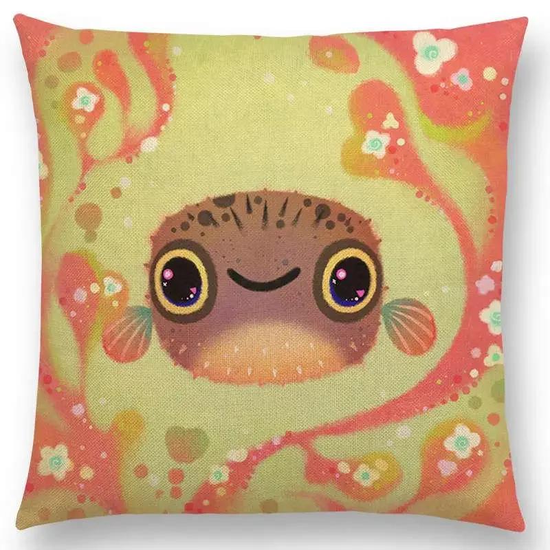Super Cute Cartoon Animals Pufferfish Cushion Cover Lovely Bird Sweet Nest Interesting Fish Cat Frog Fox Throw Pillow Case Hogar