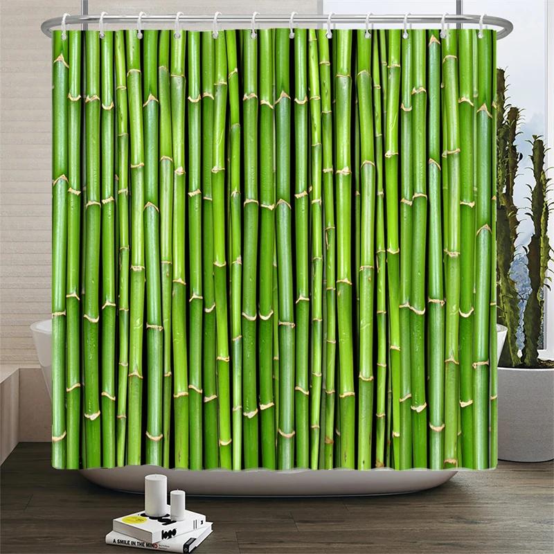 Cortina de ducha de bambú de planta verde, cortina de baño de poliéster impermeable, árboles impresos en 3D, pantalla de baño de 180x200cm con ganchos