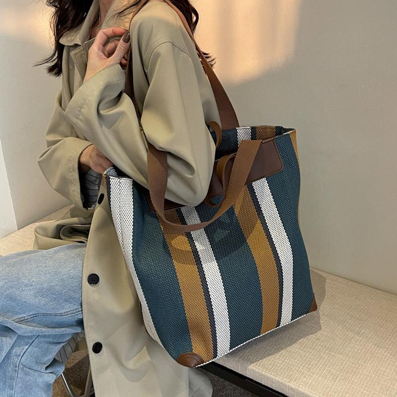 Canvas Bag Large Capacity Shoulder Bag for Female Striped Tote Bag